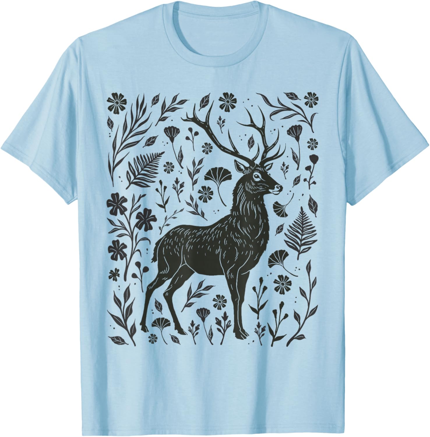 Folklore Forest Stag Linocut Nature Lino Print Deer Folk Art T-Shirt - T-Shirt | Light Blue