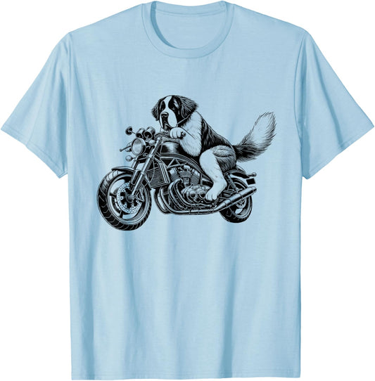 Cool Saint Bernard Riding a Motorcycle Biker Dog Lover T-Shirt - T-Shirt | Light Blue