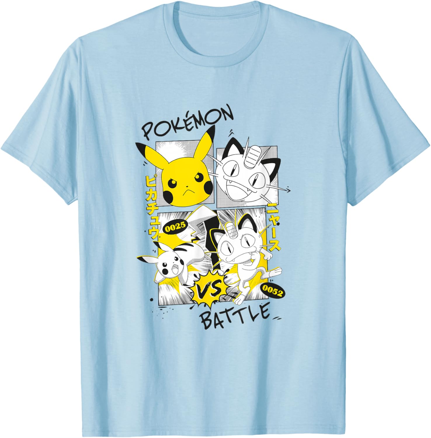 Pokémon Pikachu Vs Meowth Retro Panels Kanji Big Chest T-Shirt - T-Shirt | Light Blue