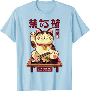Lucky Happy Cat with Sushi Japanese Foodie Japan Design T-Shirt - T-Shirt | Light Blue