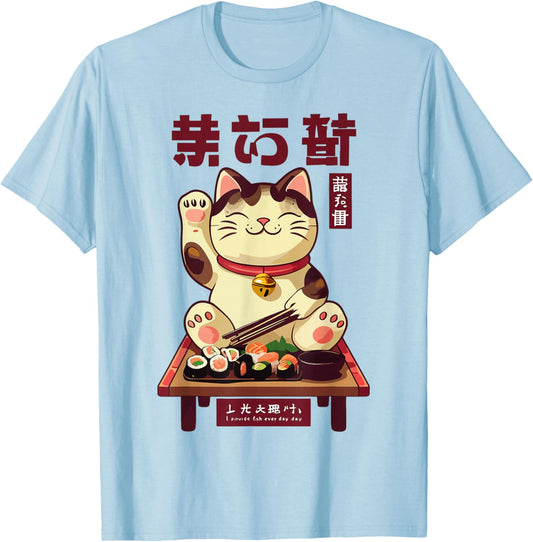 Lucky Happy Cat with Sushi Japanese Foodie Japan Design T-Shirt - T-Shirt | Light Blue