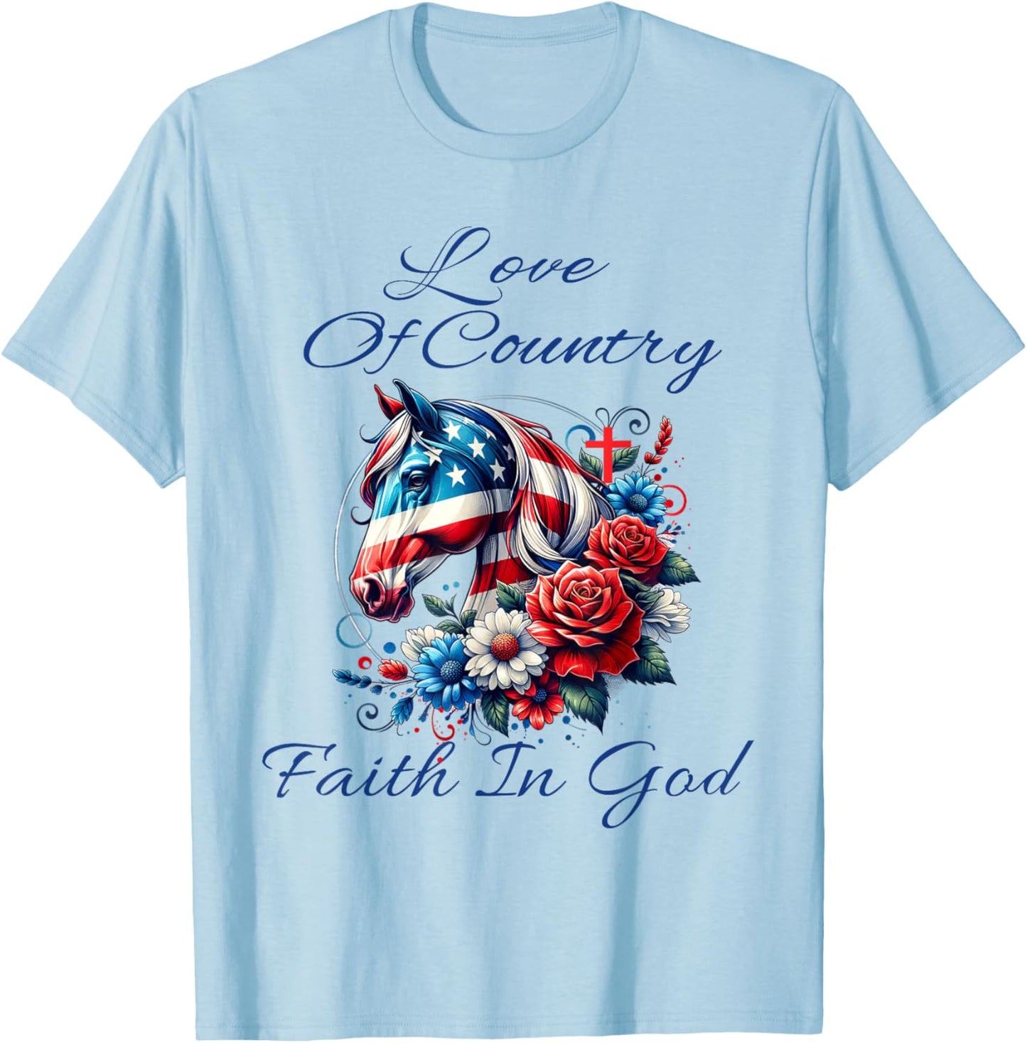 Patriotic Christian Faith In God Cool Horse Lady & Cross T-Shirt - T-Shirt | Light Blue