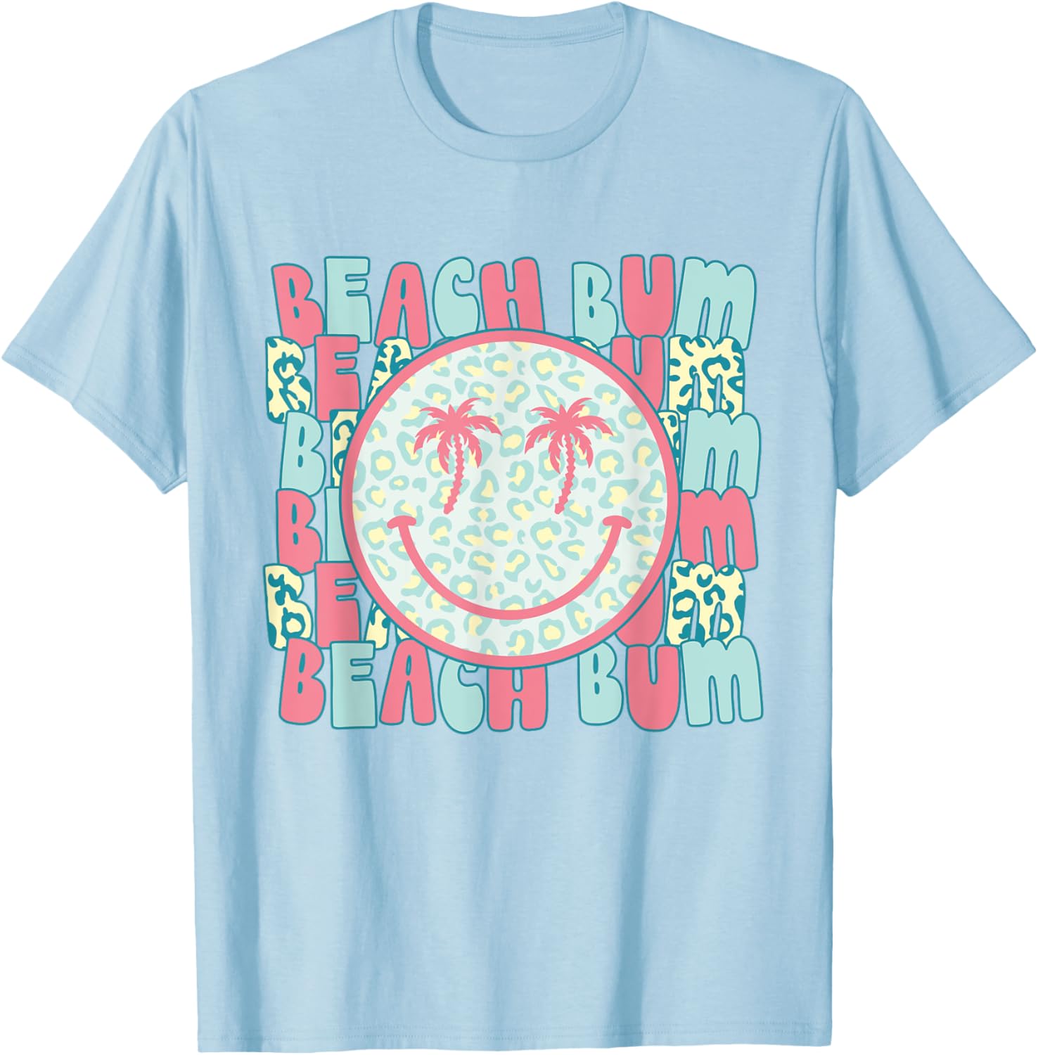 Retro Leopard Happy Face Palm Tree Eyes Beach Bum Smile Face T-Shirt - T-Shirt | Light Blue
