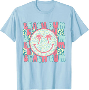 Retro Leopard Happy Face Palm Tree Eyes Beach Bum Smile Face T-Shirt - T-Shirt | Light Blue