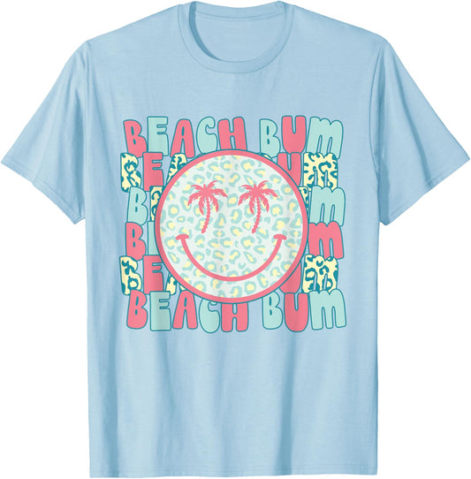 Retro Leopard Happy Face Palm Tree Eyes Beach Bum Smile Face T-Shirt - T-Shirt | Light Blue