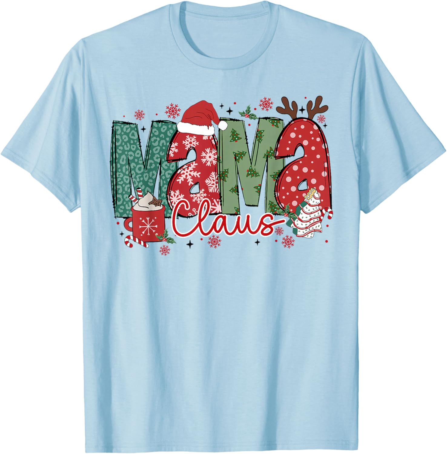 Mama Claus Christmas Pajama Santa Claus Family Matching T-Shirt - T-Shirt | Light Blue