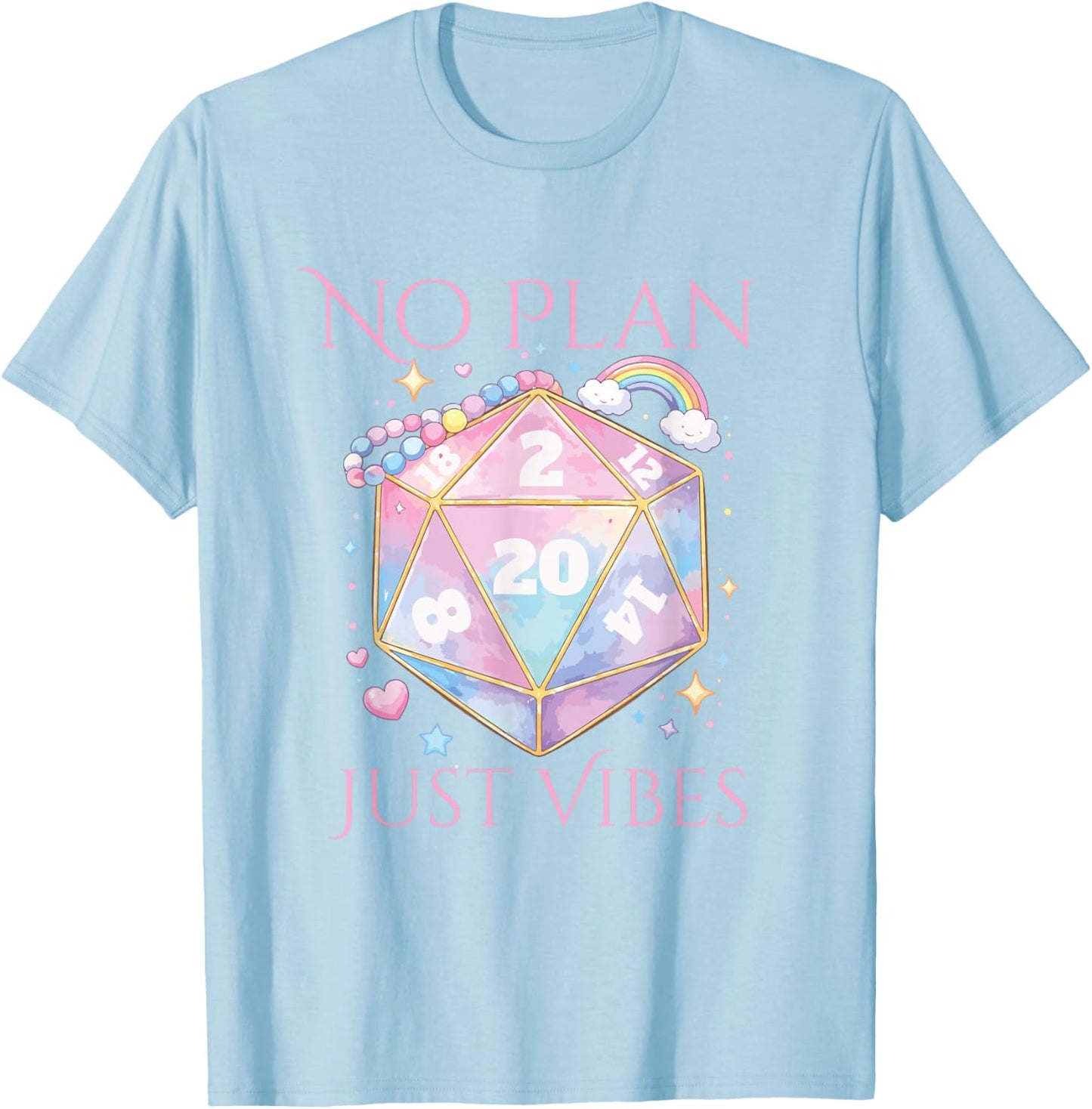 Whimsical D20 Dice Design with No Plan Just Vibes Aesthetic T-Shirt - T-Shirt | Light Blue