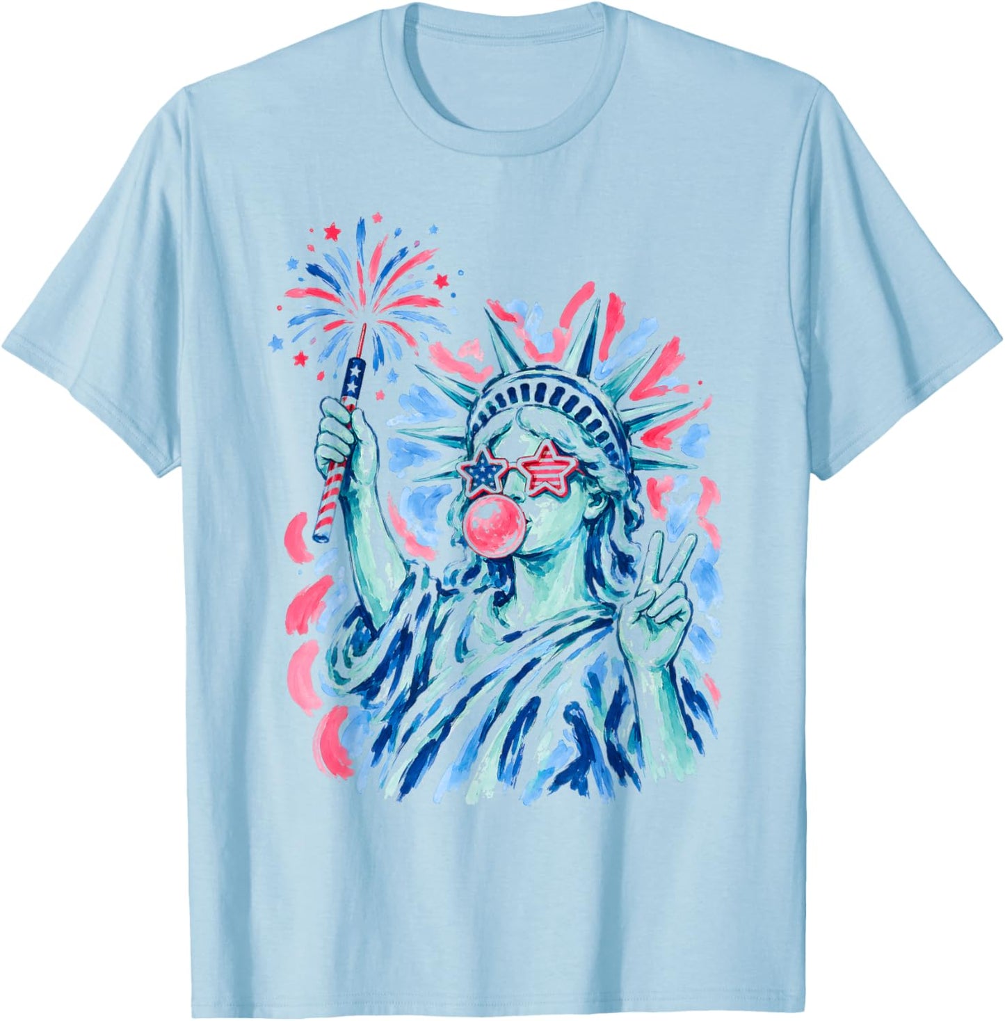 Statue of Liberty Blowing Bubble Women Patriotic 4th of July T-Shirt - T-Shirt | Light Blue