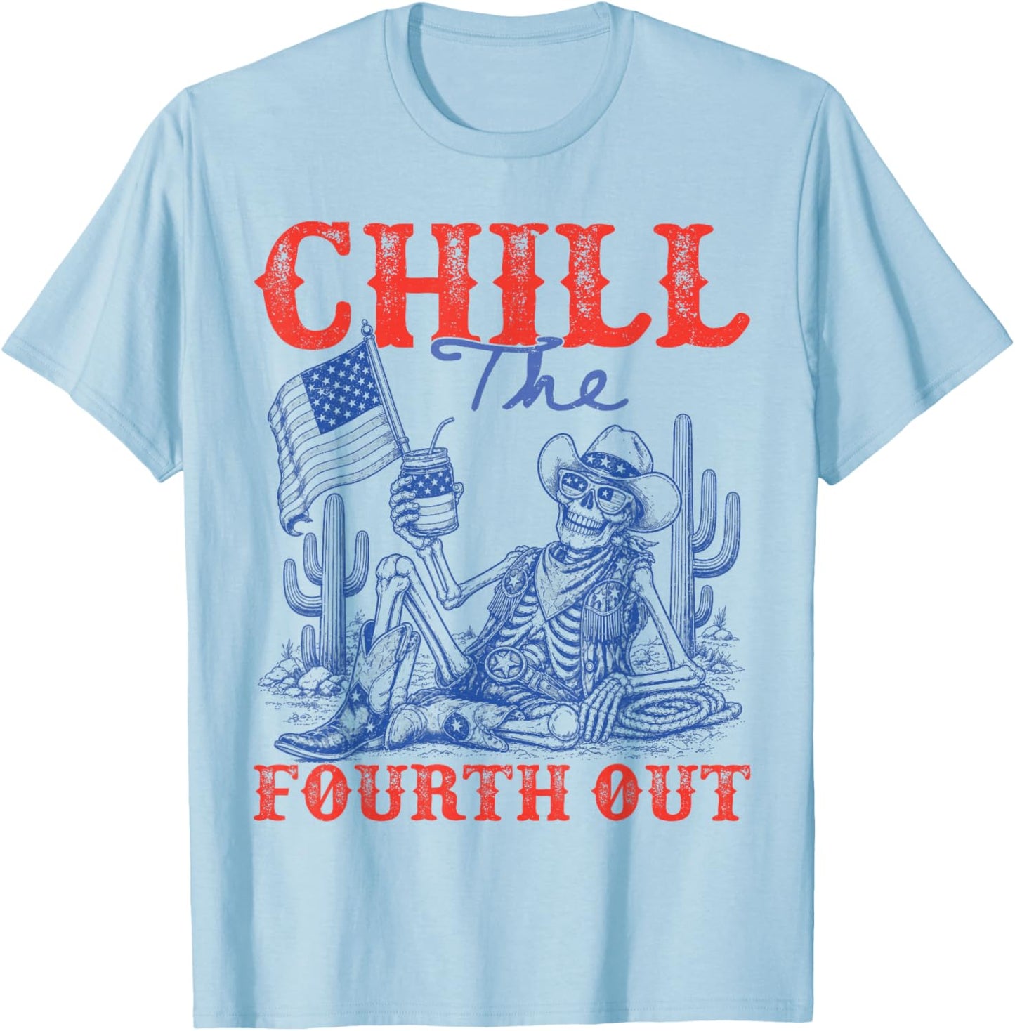 Skeleton US Flag 4th of July Cowboy Chill The Fourth Out T-Shirt - T-Shirt | Light Blue