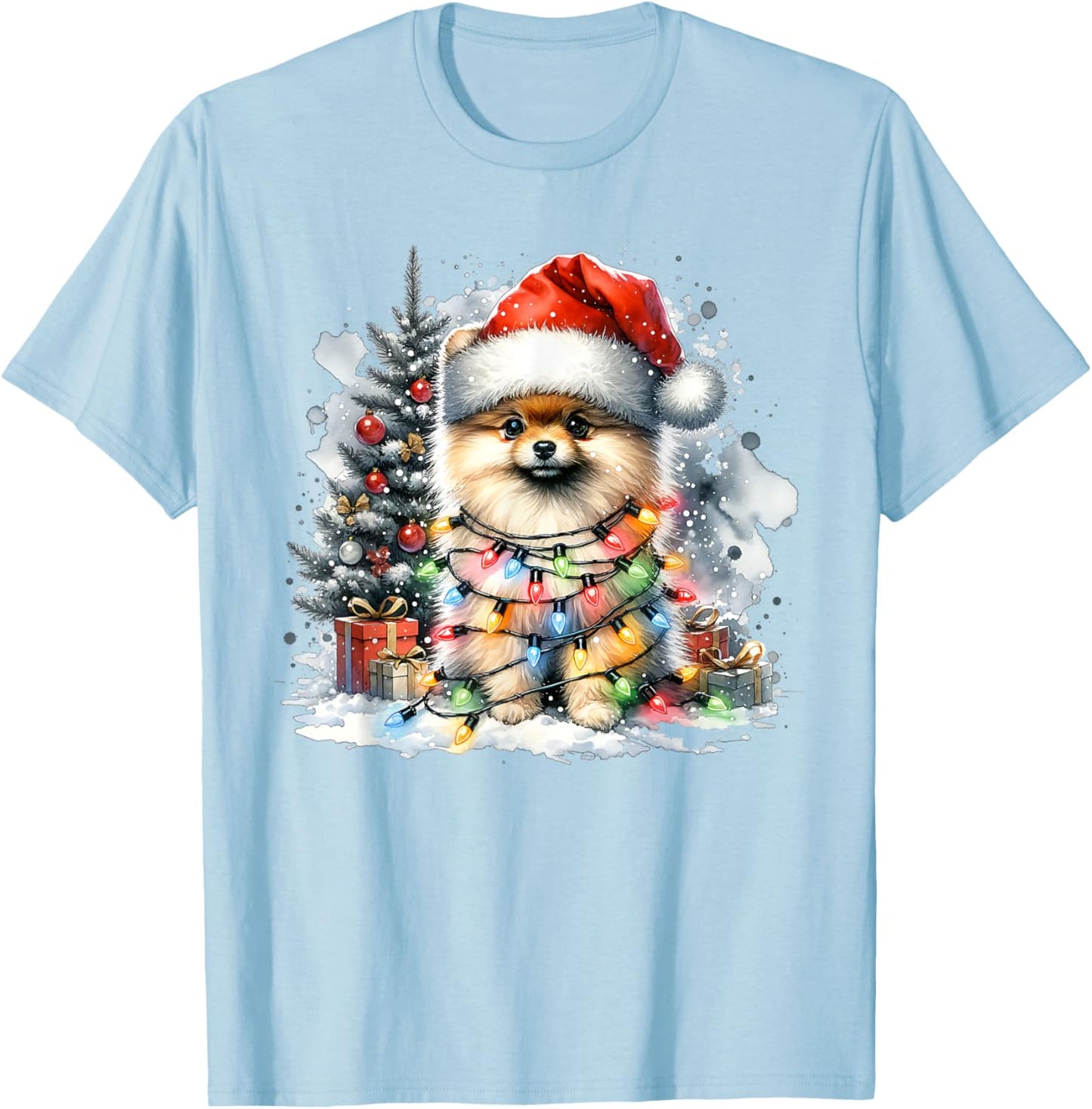 Funny Cute Santa Pomeranian Dog Tangled In Christmas Lights T-Shirt - T-Shirt | Light Blue