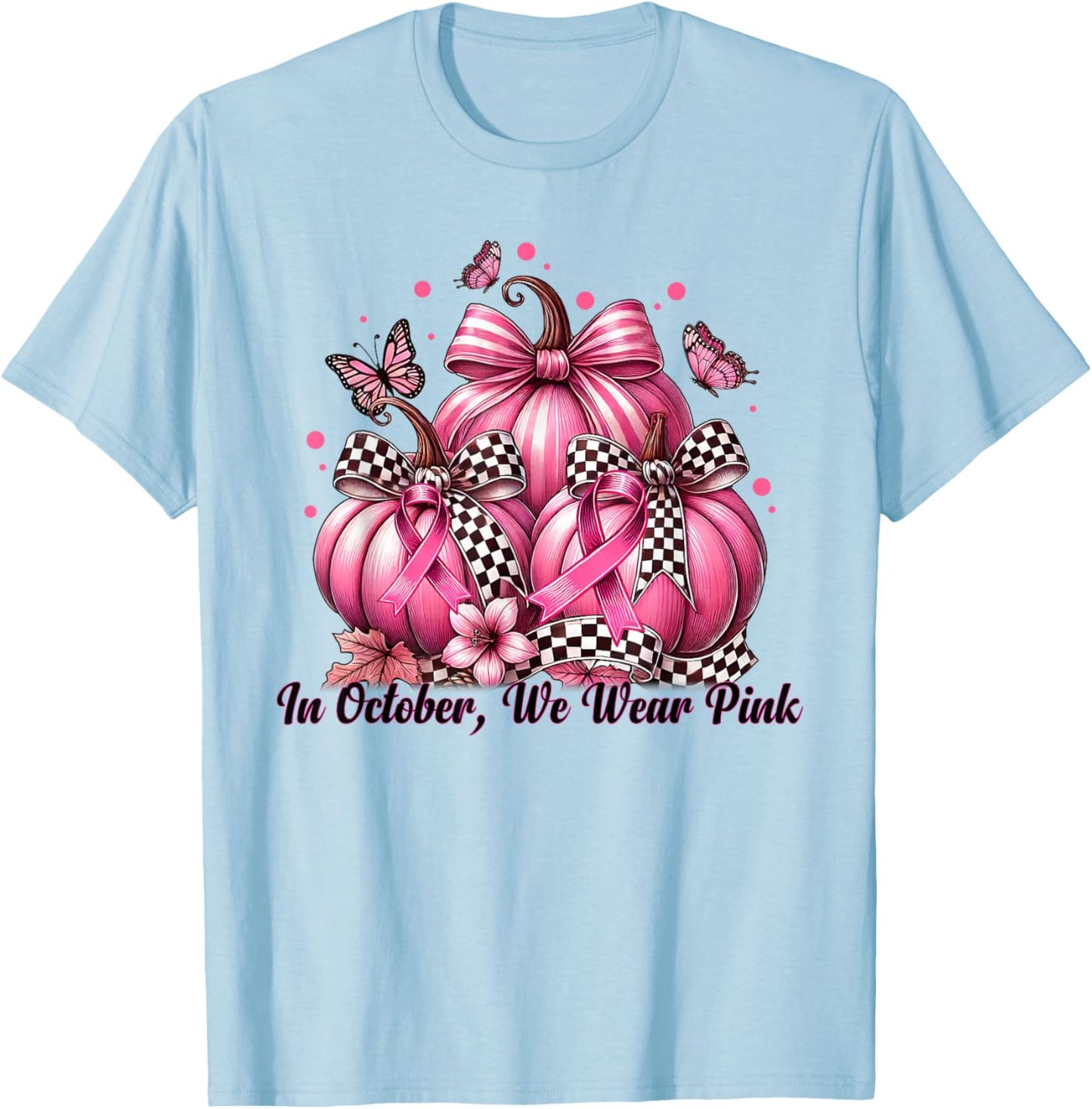 Coquette Bow Pumpkin In October We Wear Pink Breast Cancer T-Shirt - T-Shirt | Light Blue