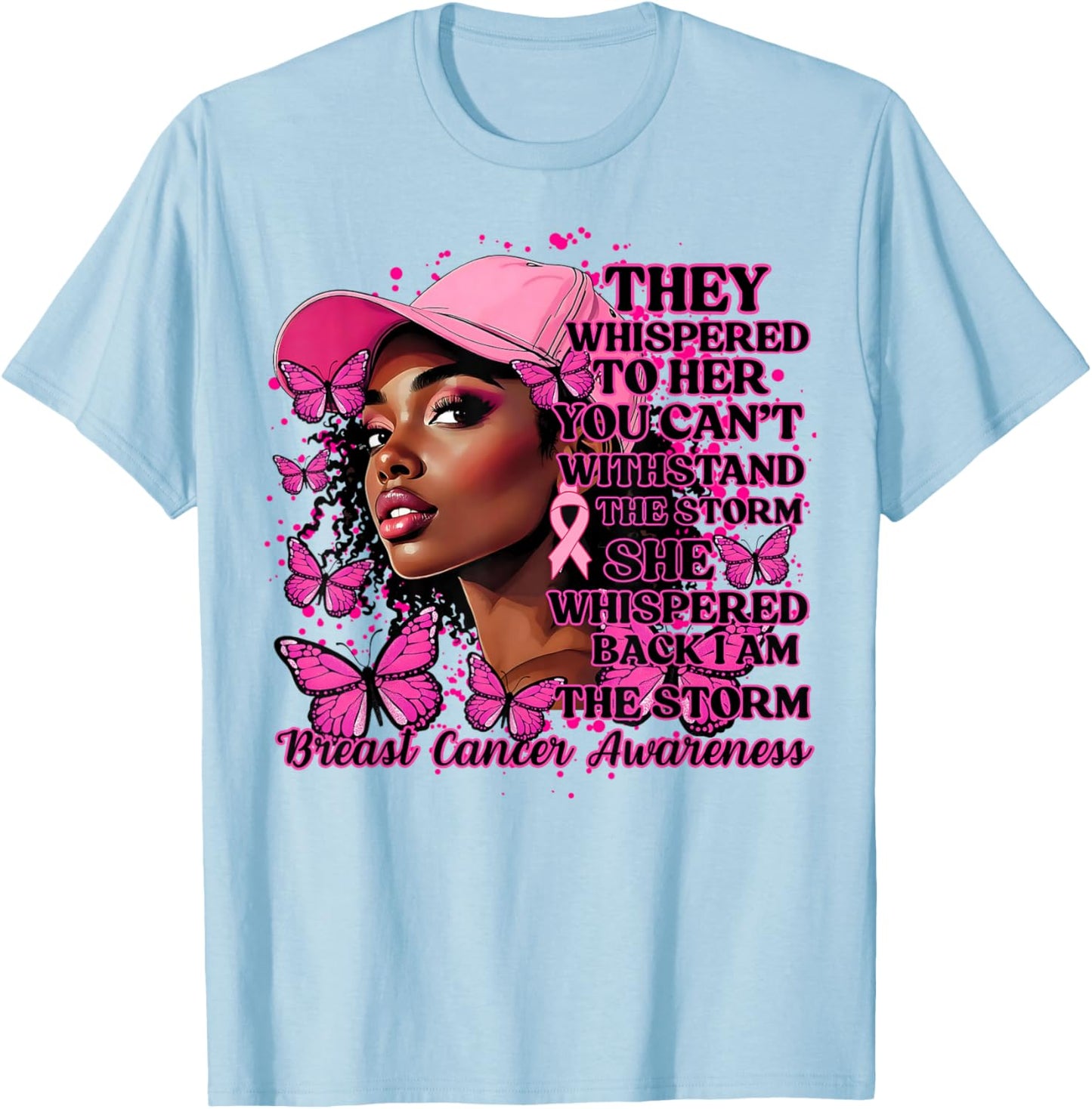 Black Afro Women Butterflies Breast Cancer Awareness Support T-Shirt - T-Shirt | Light Blue