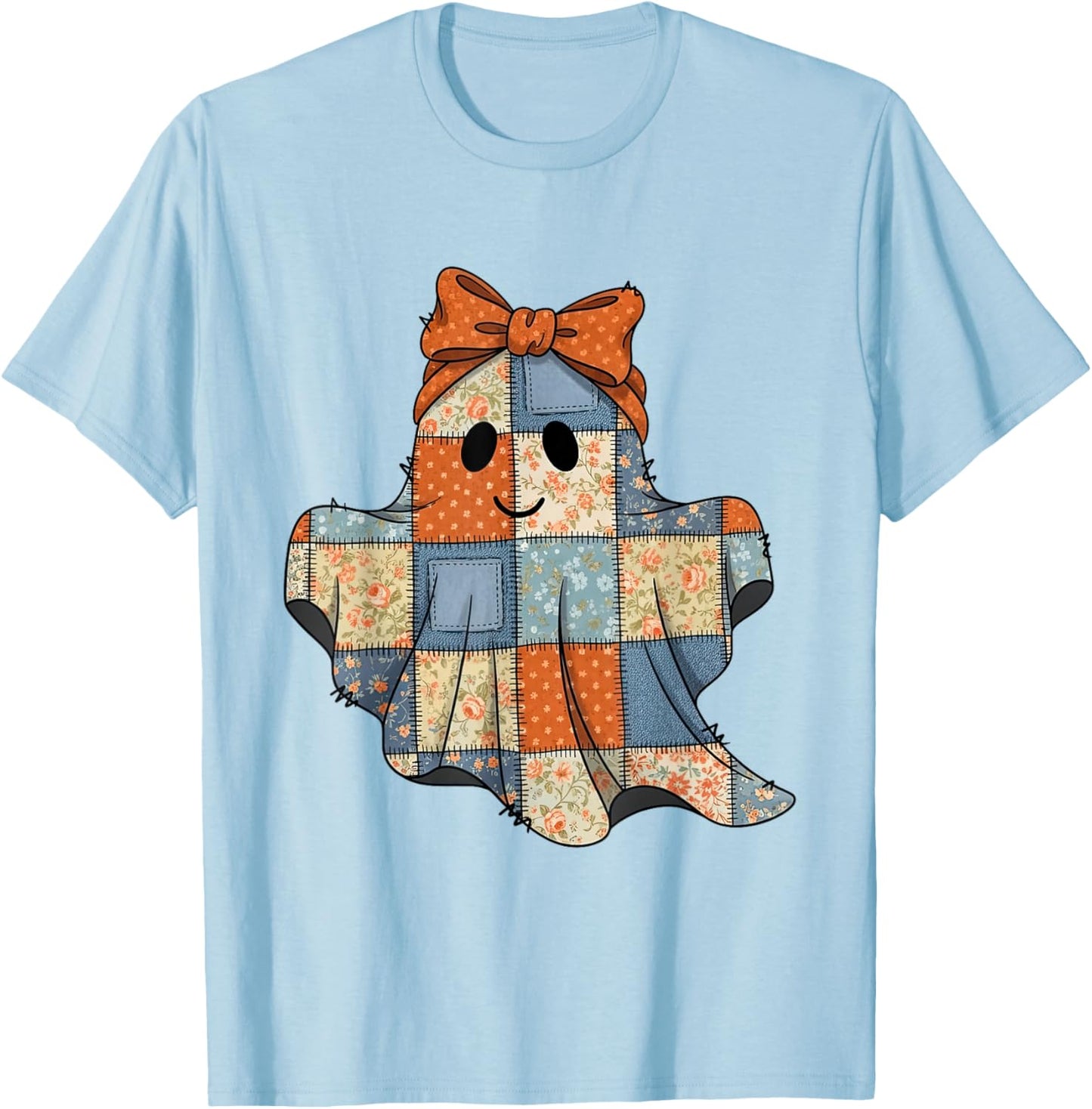 Coquette Bow Floral Boo Ghost Halloween Pumpkin Spooky Vibes T-Shirt - T-Shirt | Light Blue