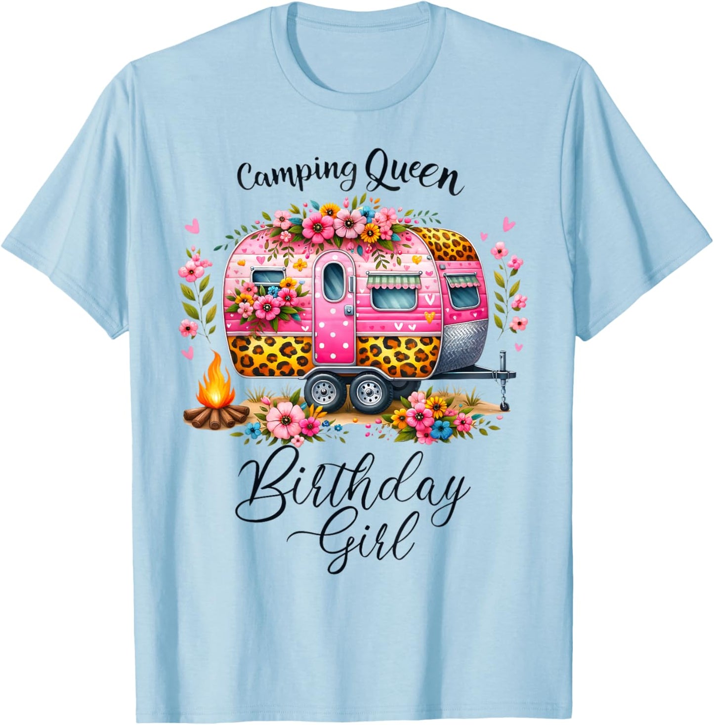 Birthday Camping Queen Camp Pink Floral Van Birthday Girl T-Shirt - T-Shirt | Light Blue