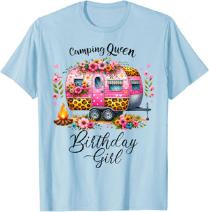 Birthday Camping Queen Camp Pink Floral Van Birthday Girl T-Shirt - T-Shirt | Light Blue
