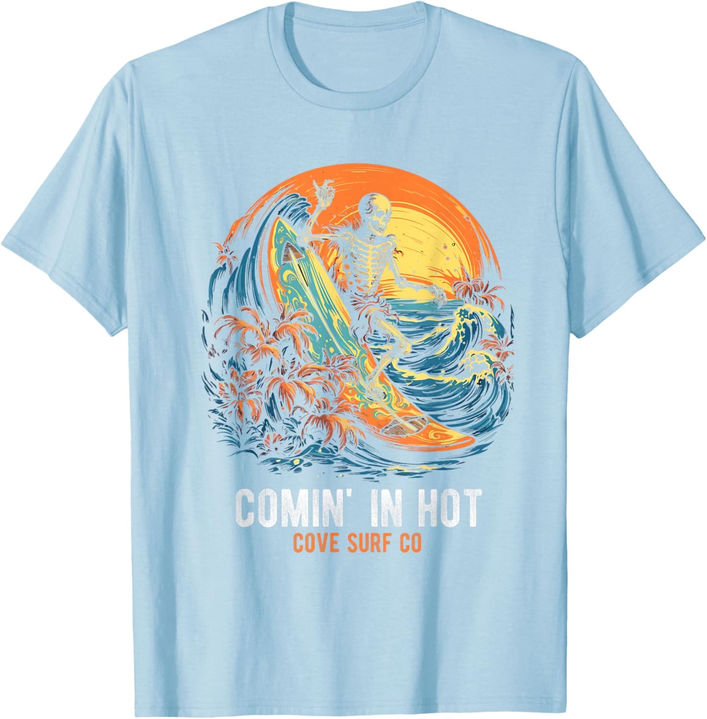 COMIN' IN HOT COVE SURF CO Surfing Skeleton T-Shirt - T-Shirt | Light Blue