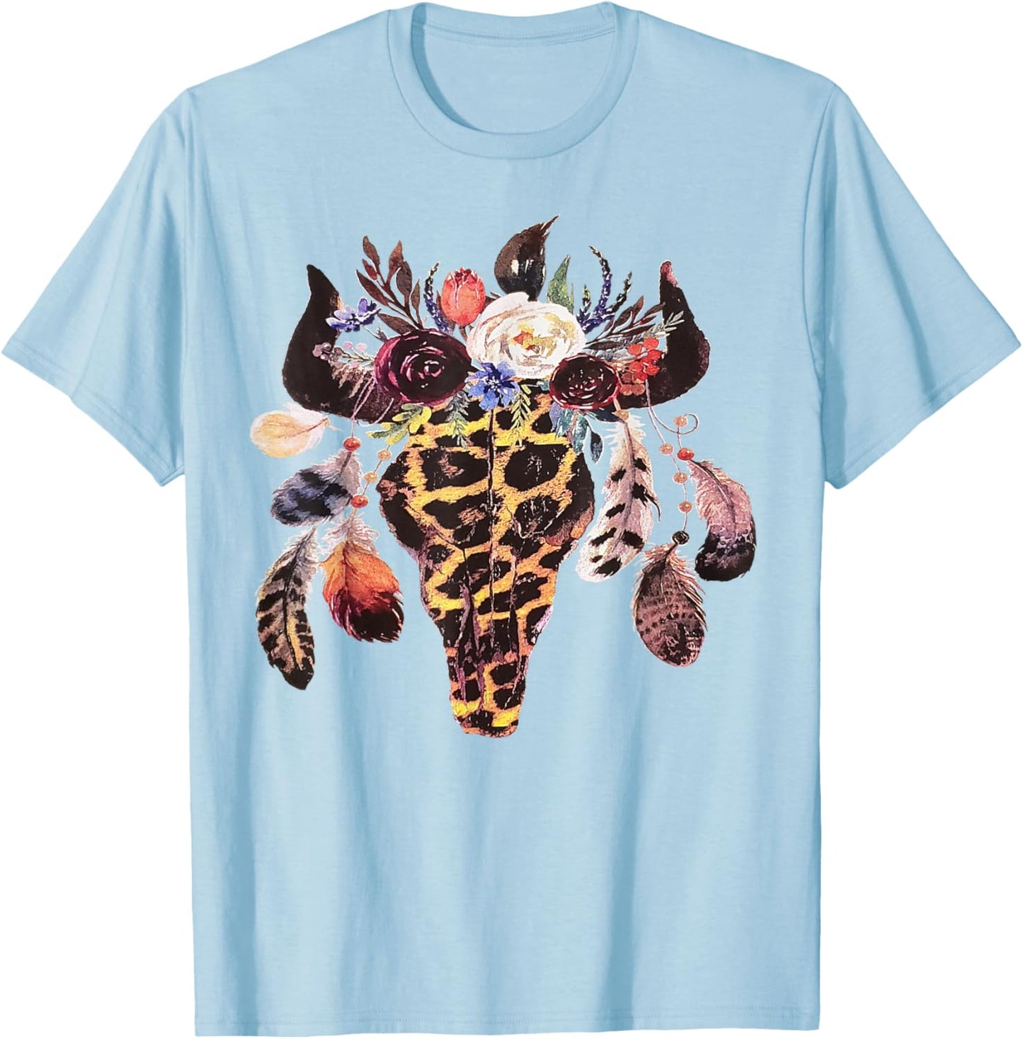Western Boho Cow Cowgirl Cowboy Bull Skull Leopard Vintage T-Shirt - T-Shirt | Light Blue