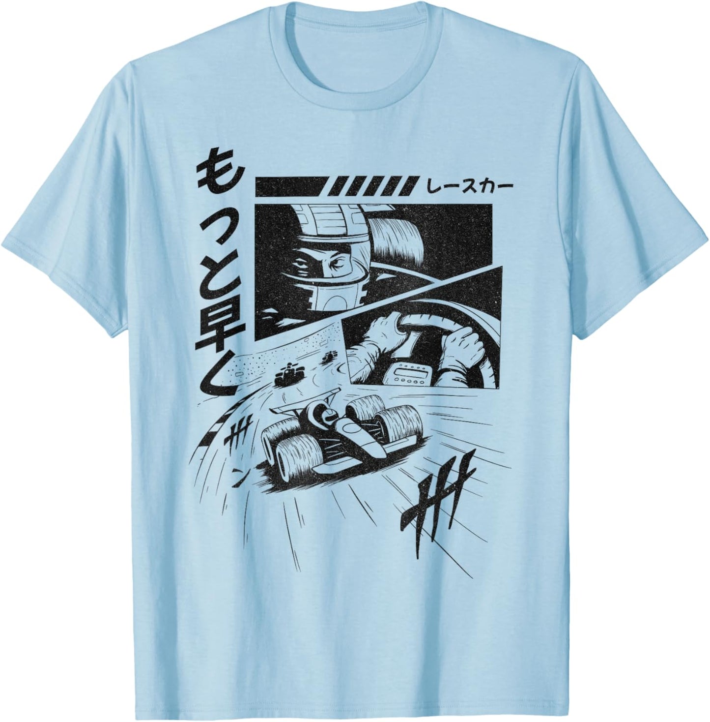 Anime Racer in Fast-Paced Action T-Shirt - T-Shirt | Light Blue