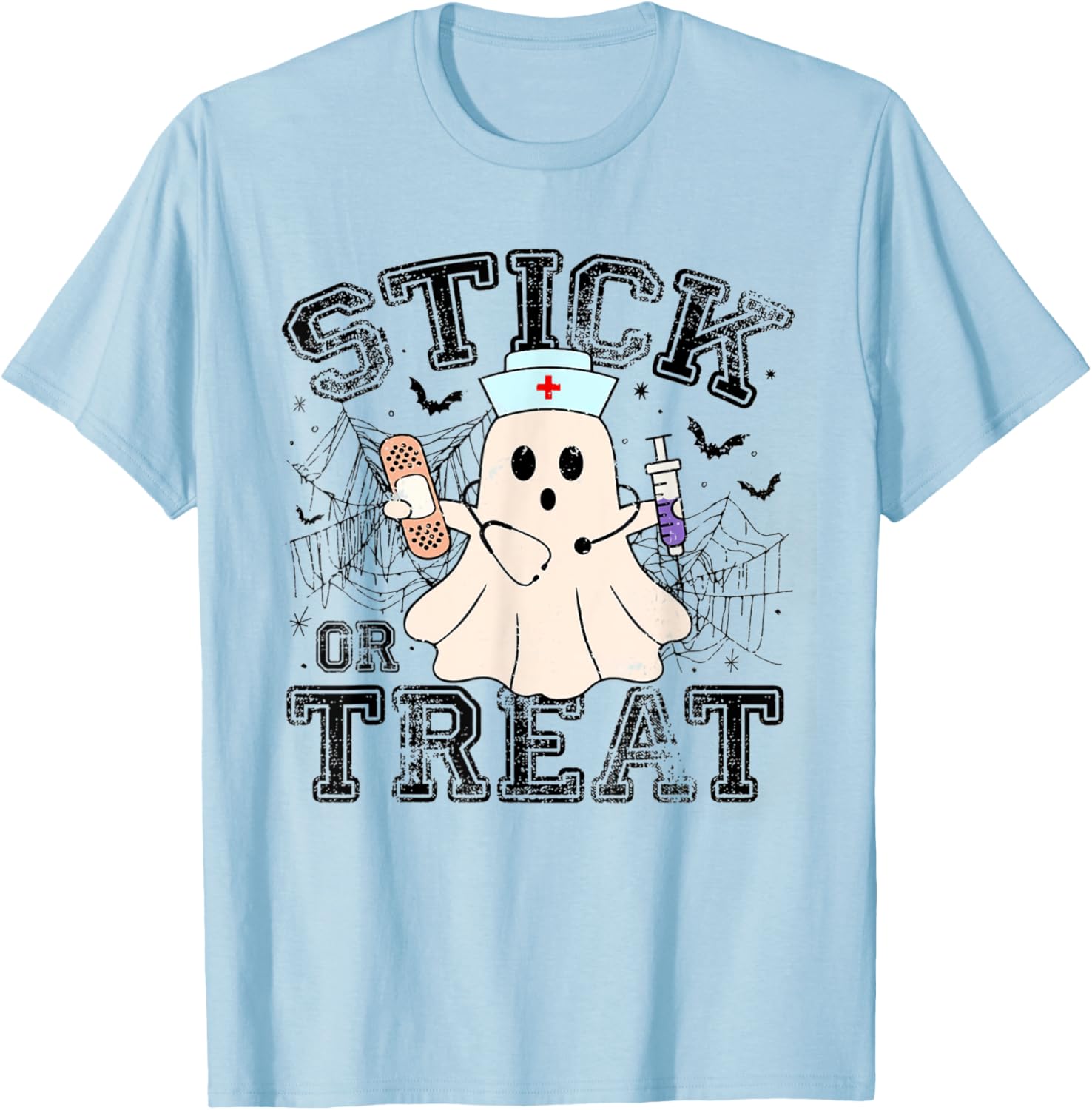 Stick Or Treat Halloween Ghost Nurse Halloween Phlebotomy T-Shirt - T-Shirt | Light Blue