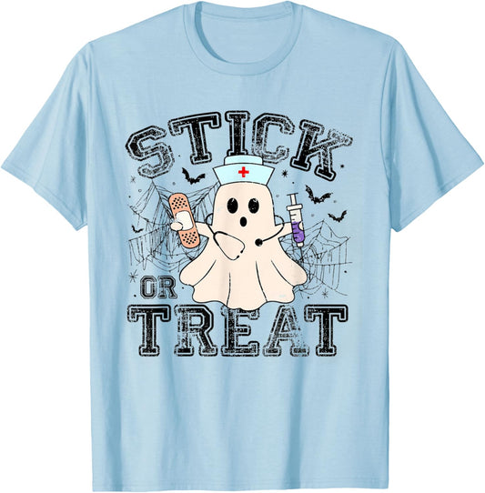 Stick Or Treat Halloween Ghost Nurse Halloween Phlebotomy T-Shirt - T-Shirt | Light Blue