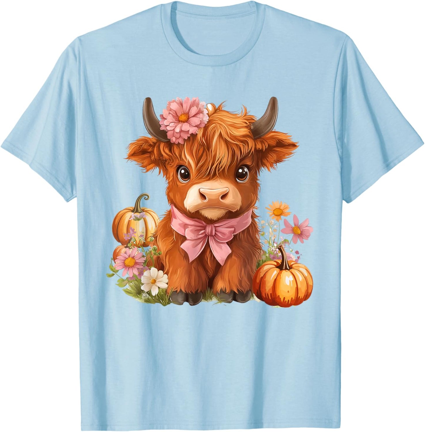 Highland Cow Pumpkin Pink Bow Ribbon Floral Autumn Fall Love T-Shirt - T-Shirt | Light Blue