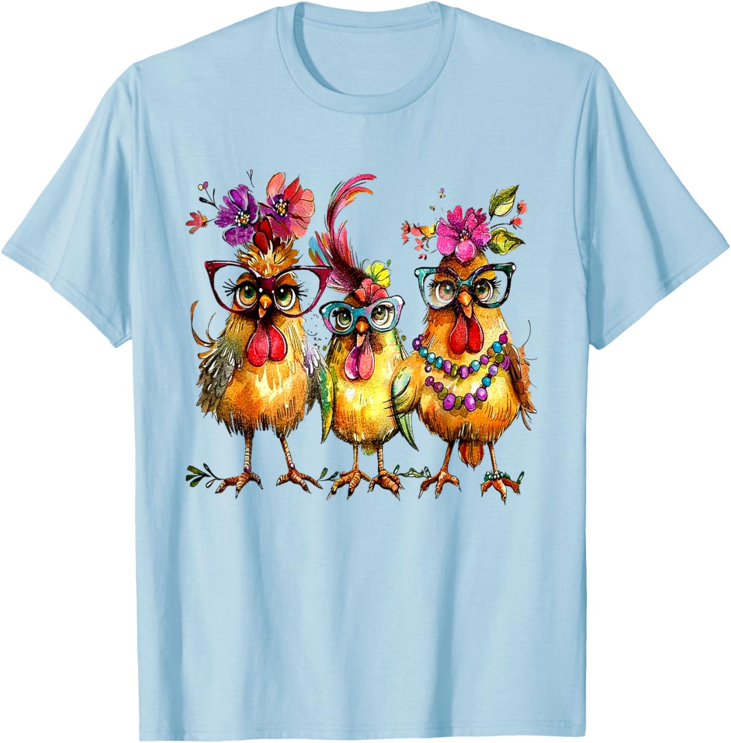 PeachBruh Funny Trio Of Chickens Whimsical Hawaii Beach Art T-Shirt - T-Shirt | Light Blue