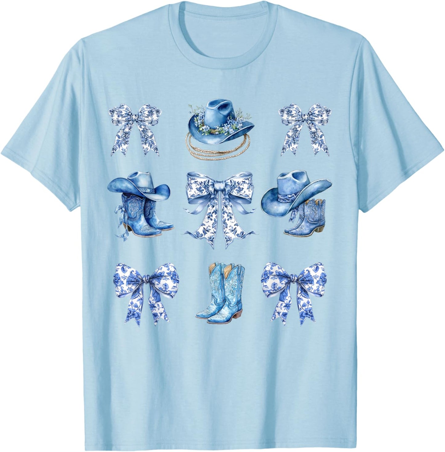 Blue Coquette Cowgirl Bows Boots Cowboy Hat Western T-Shirt - T-Shirt | Light Blue