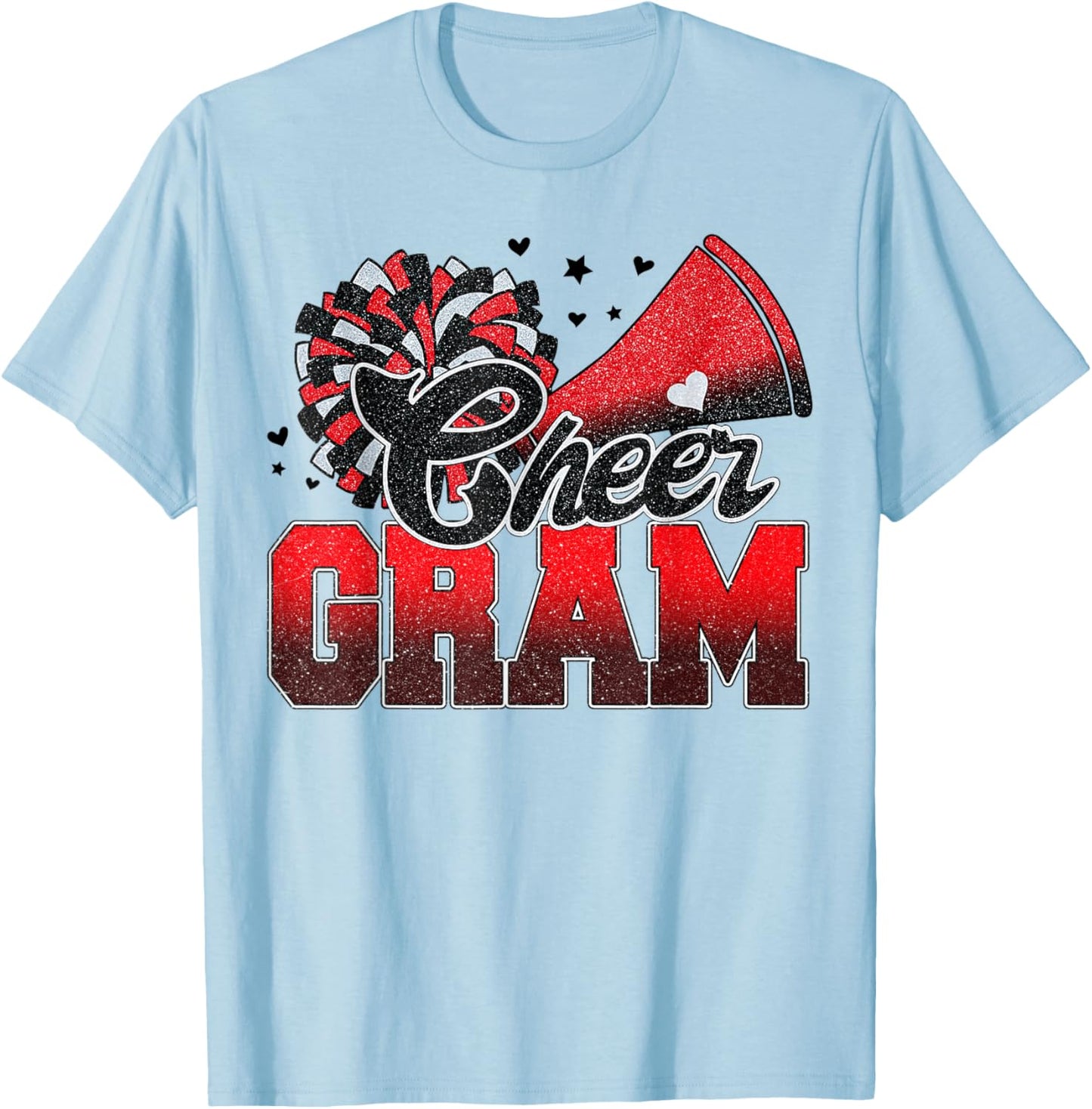 Cheer Gram Cheer Leader Gift Biggest Fan Black Red Pom Pom T-Shirt - T-Shirt | Light Blue