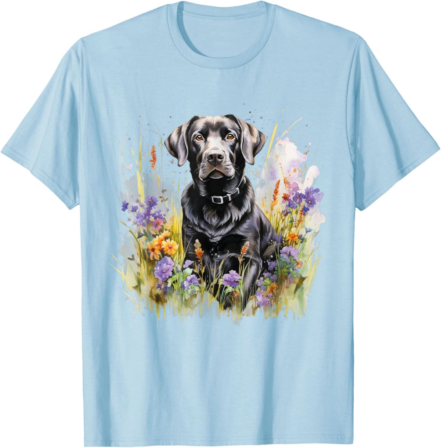 Floral Wildflower Dog Black Labrador Retriever T-Shirt - T-Shirt | Light Blue
