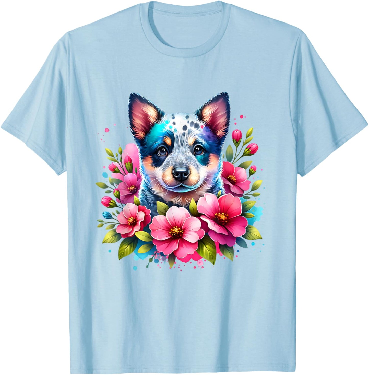 Watercolor Blue Heeler Mom Pink Flower Australian Cattle Dog T-Shirt - T-Shirt | Light Blue