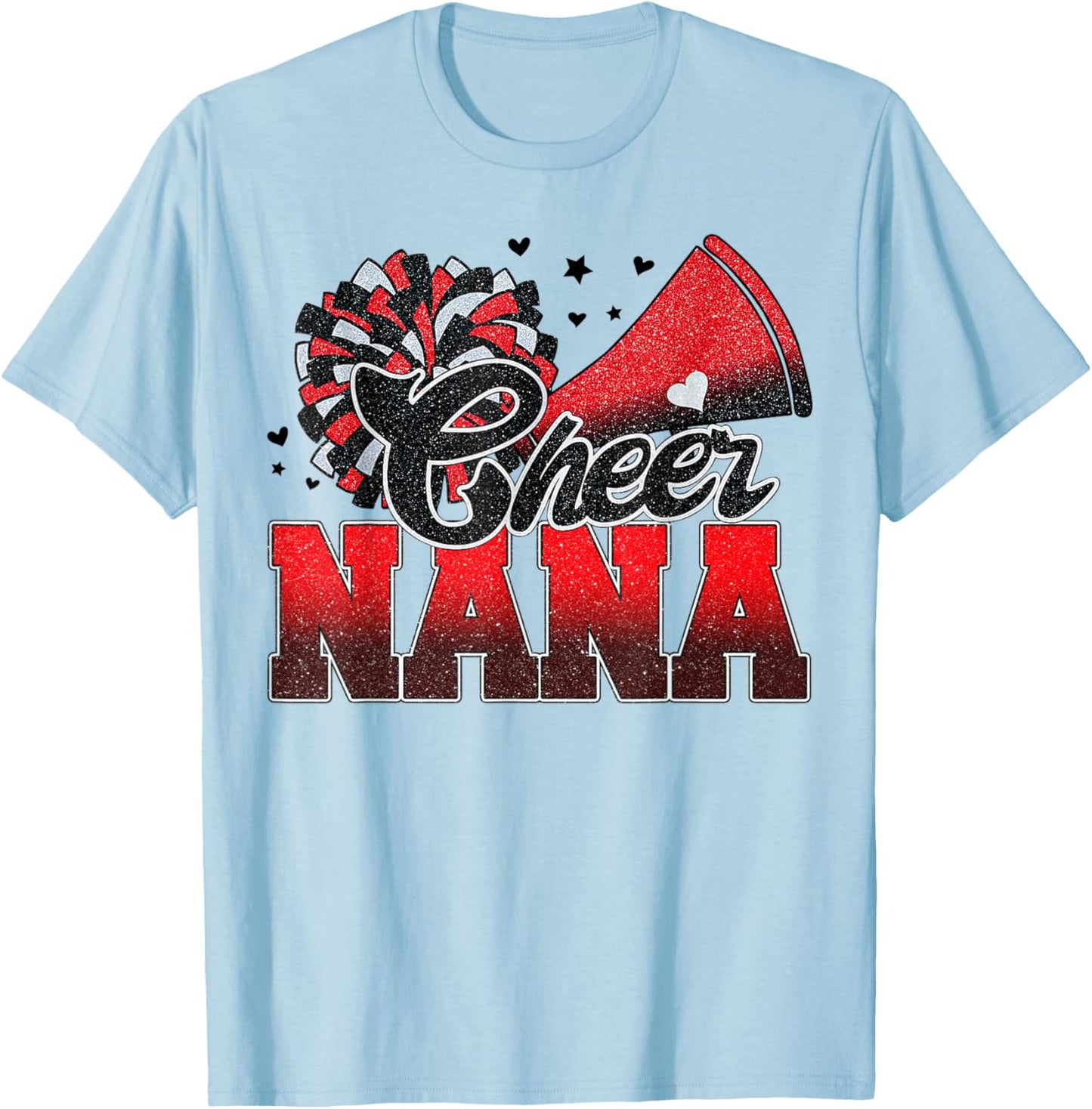 Cheer Nana Cheer Leader Gift Biggest Fan Black Red Pom Pom T-Shirt - T-Shirt | Light Blue