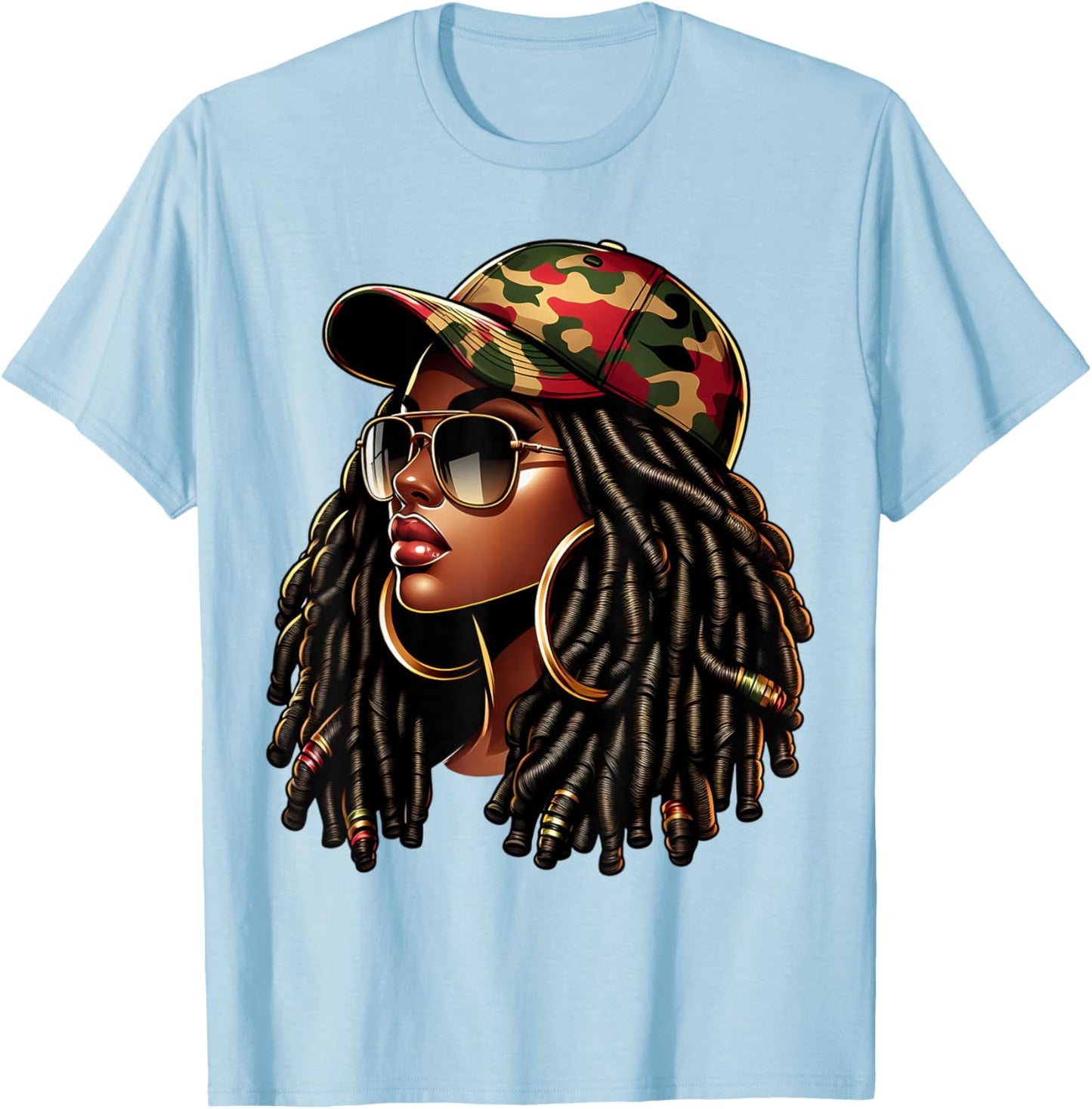 Queen Black Woman With Camo Cap Locs African American T-Shirt - T-Shirt | Light Blue