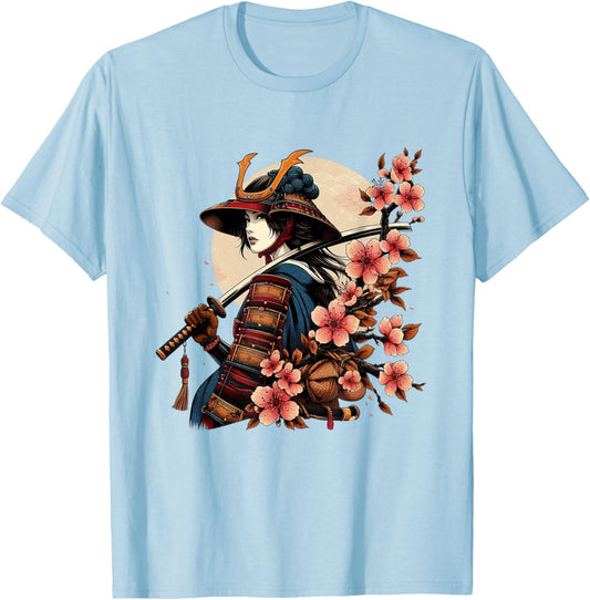 Samurai Girl Japanese Aesthetic Sakura Cherry Blossom Art T-Shirt - T-Shirt | Light Blue