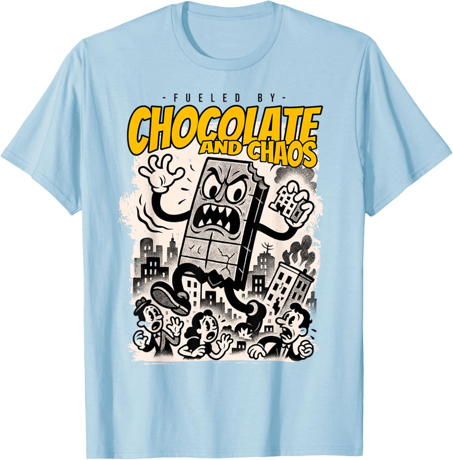Chocolate and Chaos Kaiju Monster Funny Retro Choco Cartoon T-Shirt - T-Shirt | Light Blue