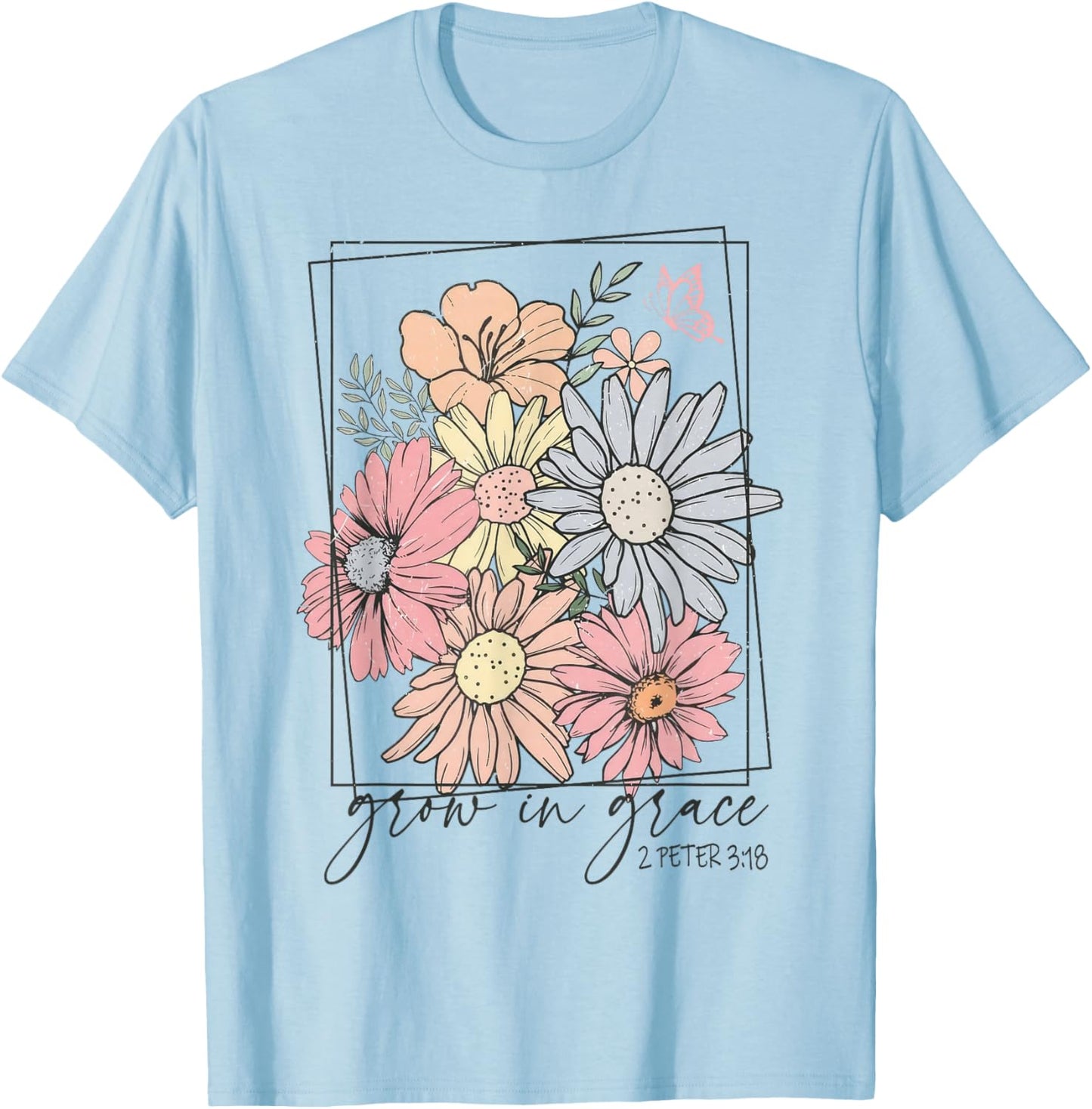 Grow In Grace Boho Wildflower Christian Bible Faith T-Shirt - T-Shirt | Light Blue