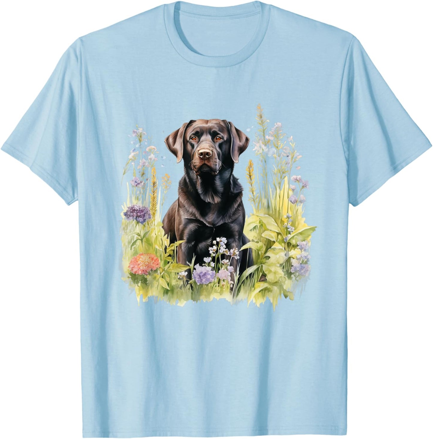 Floral Wildflower Dog Black Labrador Retriever T-Shirt - T-Shirt | Light Blue
