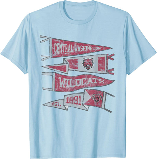 Central Washington University Wildcats Distressed Pennants T-Shirt - T-Shirt | Light Blue