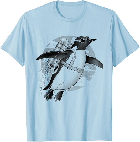 Funny Flying Penguin Jetpack | Cute Animal | Penguin Lovers T-Shirt - T-Shirt | Light Blue