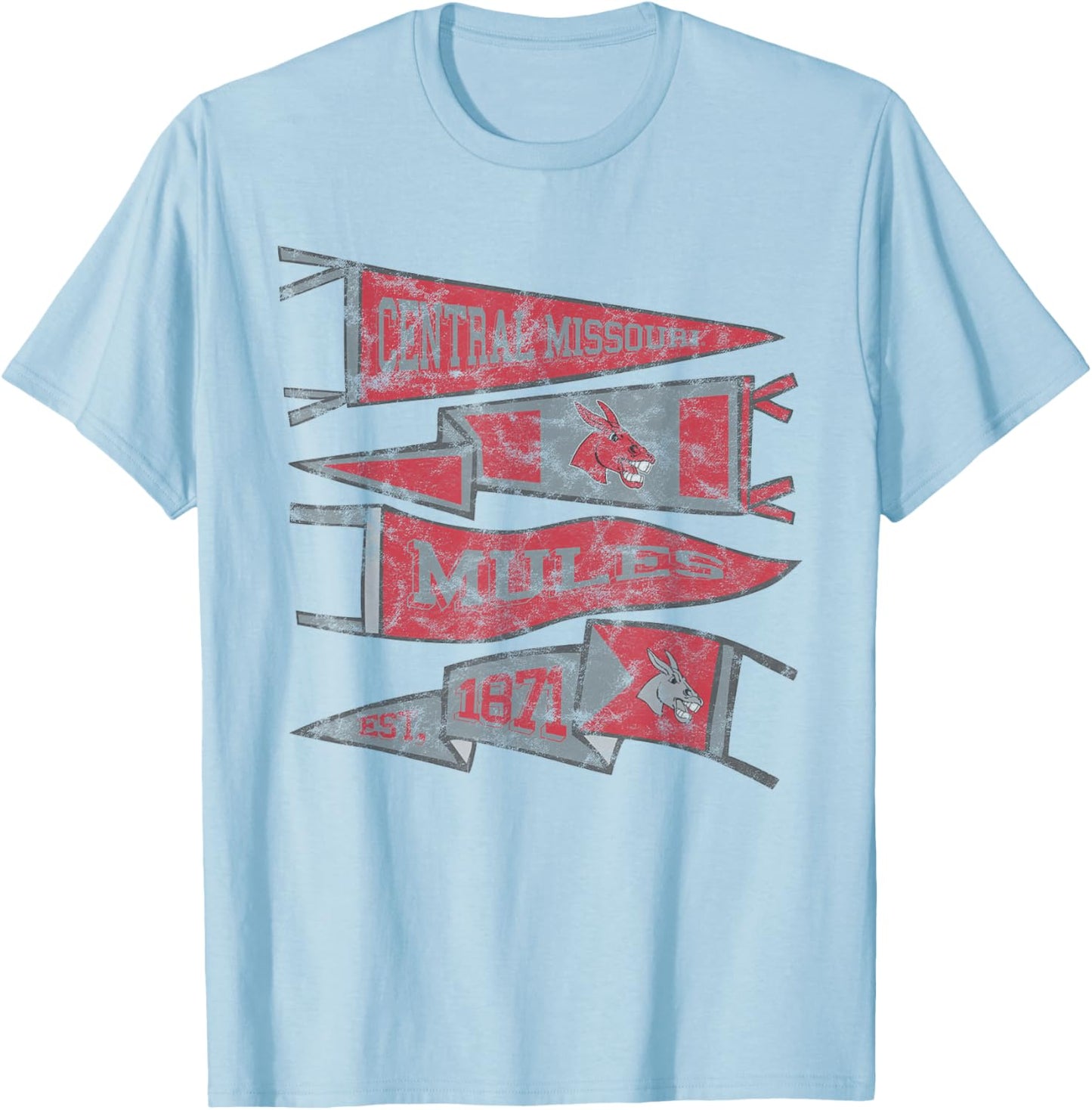 University of Central Missouri UCM Mules Distressed Pennants T-Shirt - T-Shirt | Light Blue