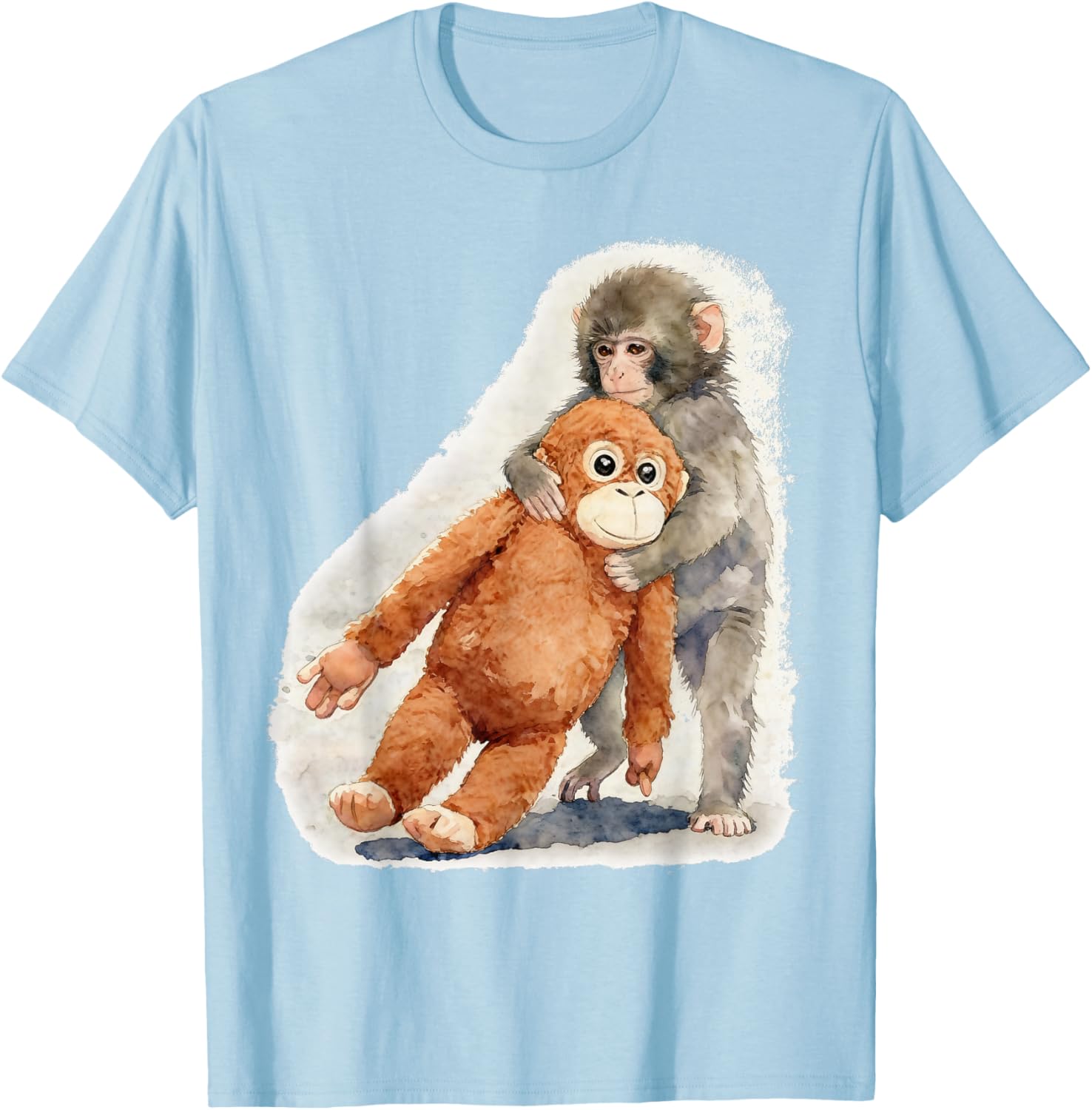 Punch – Cute Baby Monkey and Orangutan Plush Watercolor T-Shirt - T-Shirt | Light Blue