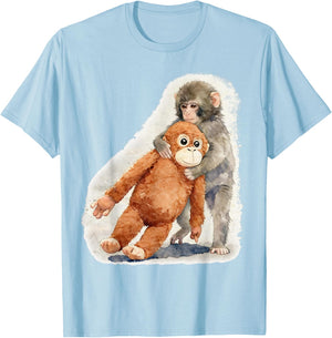 Punch – Cute Baby Monkey and Orangutan Plush Watercolor T-Shirt - T-Shirt | Light Blue