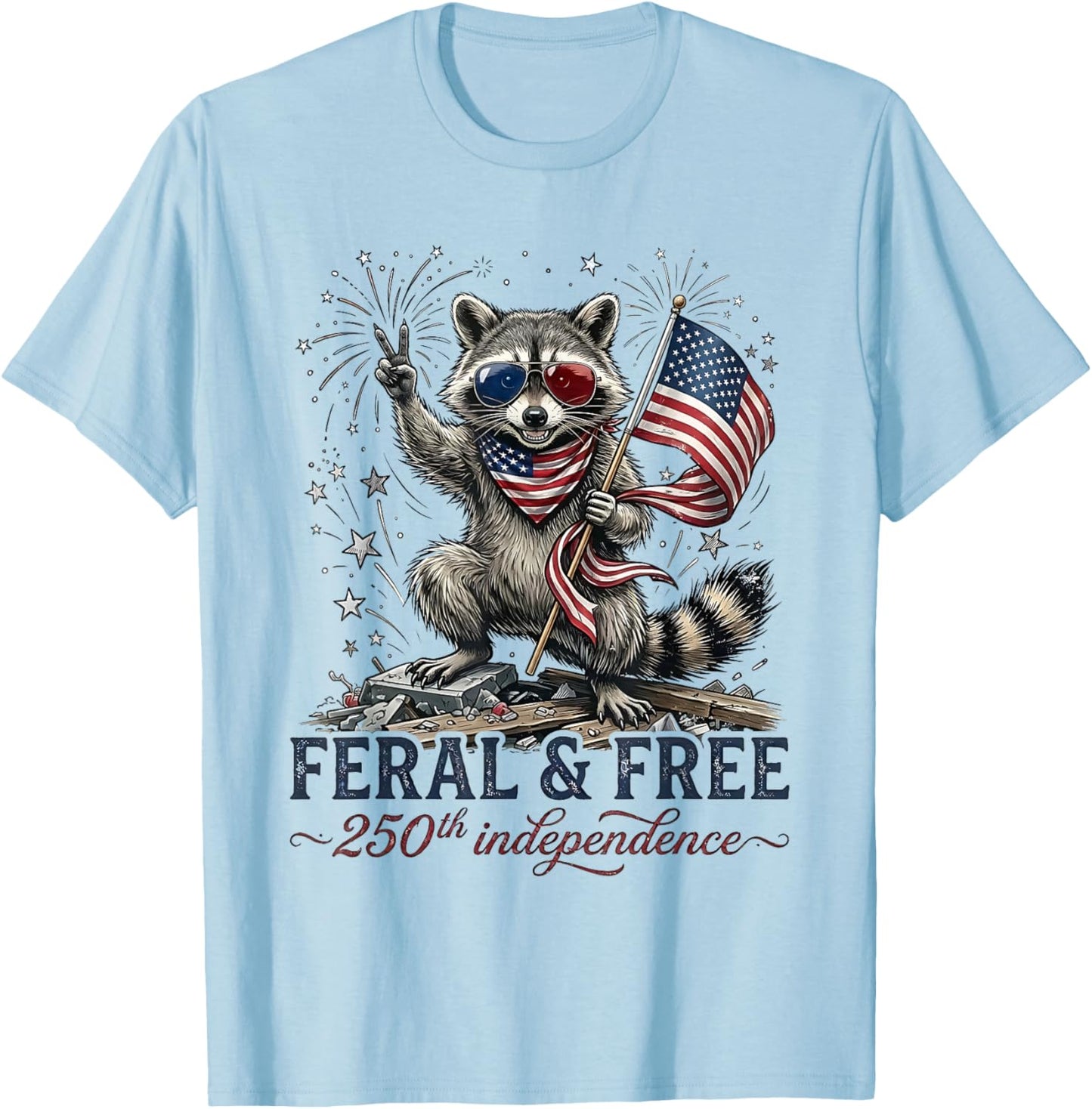 Feral and Free 250th Independence Raccoon USA T-Shirt - T-Shirt | Light Blue