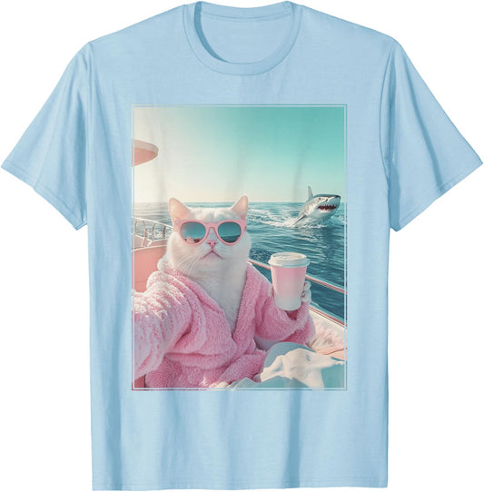 Relaxed Cat on Yacht Boat and Shark Funny Cat Meme T-Shirt - T-Shirt | Light Blue