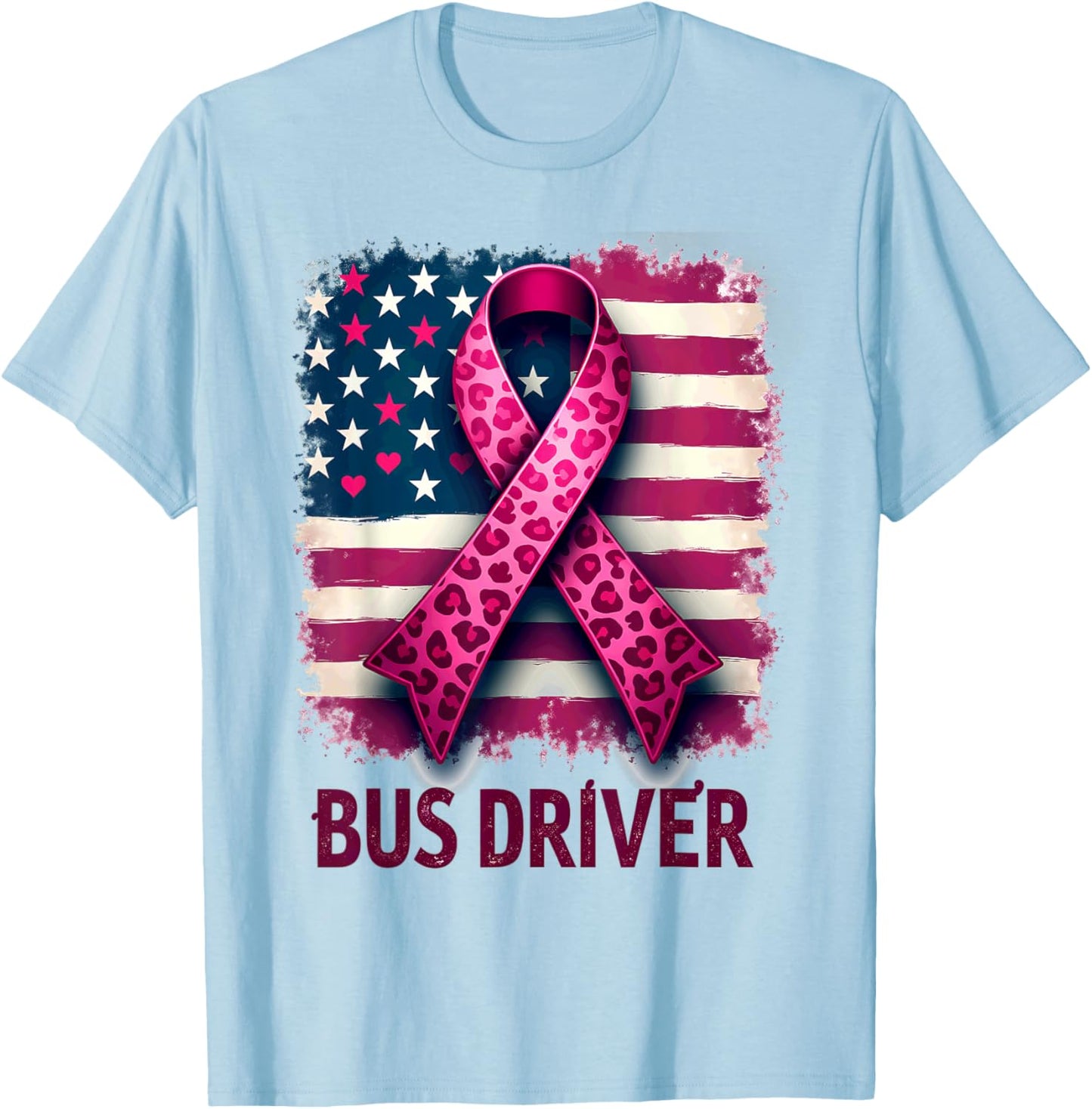 Bus Driver US Flag Pink Ribbon Breast Cancer Awareness T-Shirt - T-Shirt | Light Blue