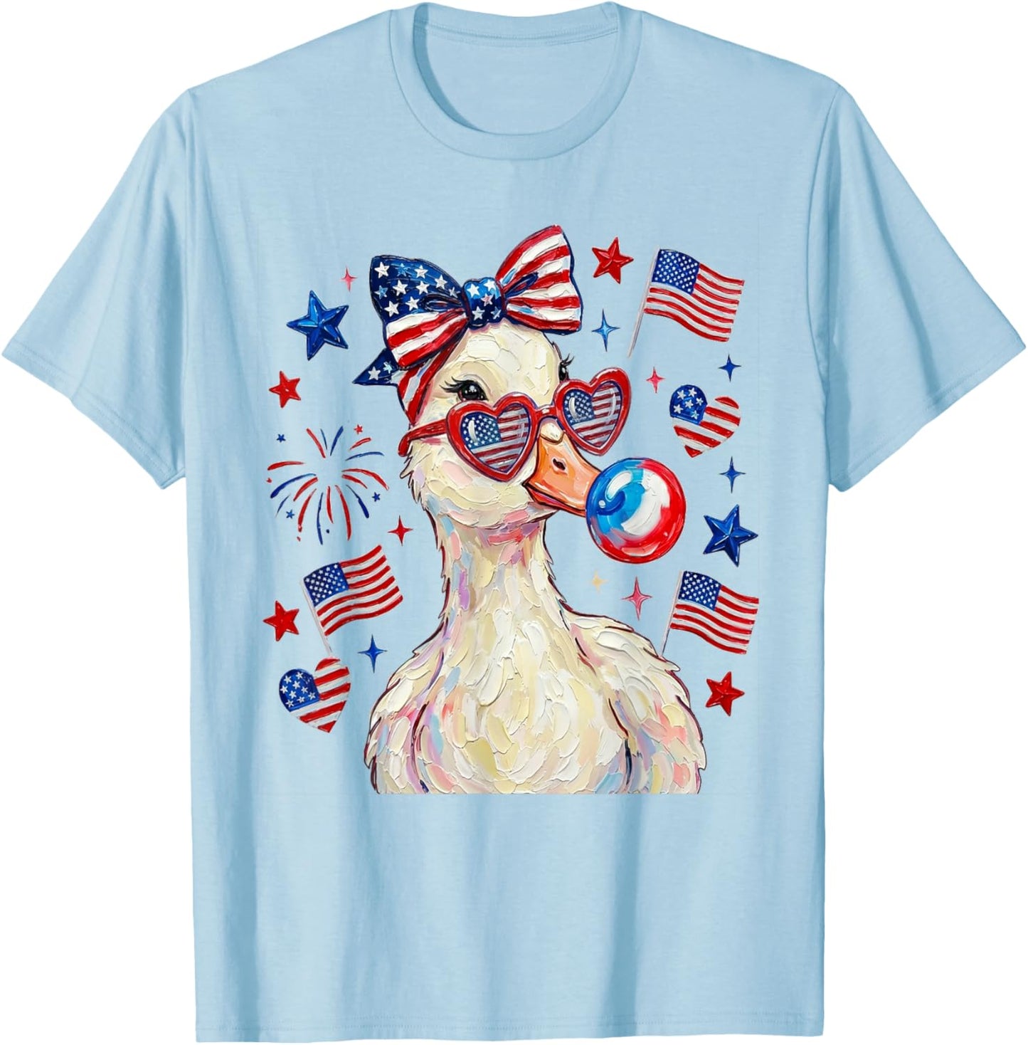 Cute Patriotic Goose Blowing Buble Gum Coquette 4th of July T-Shirt - T-Shirt | Light Blue