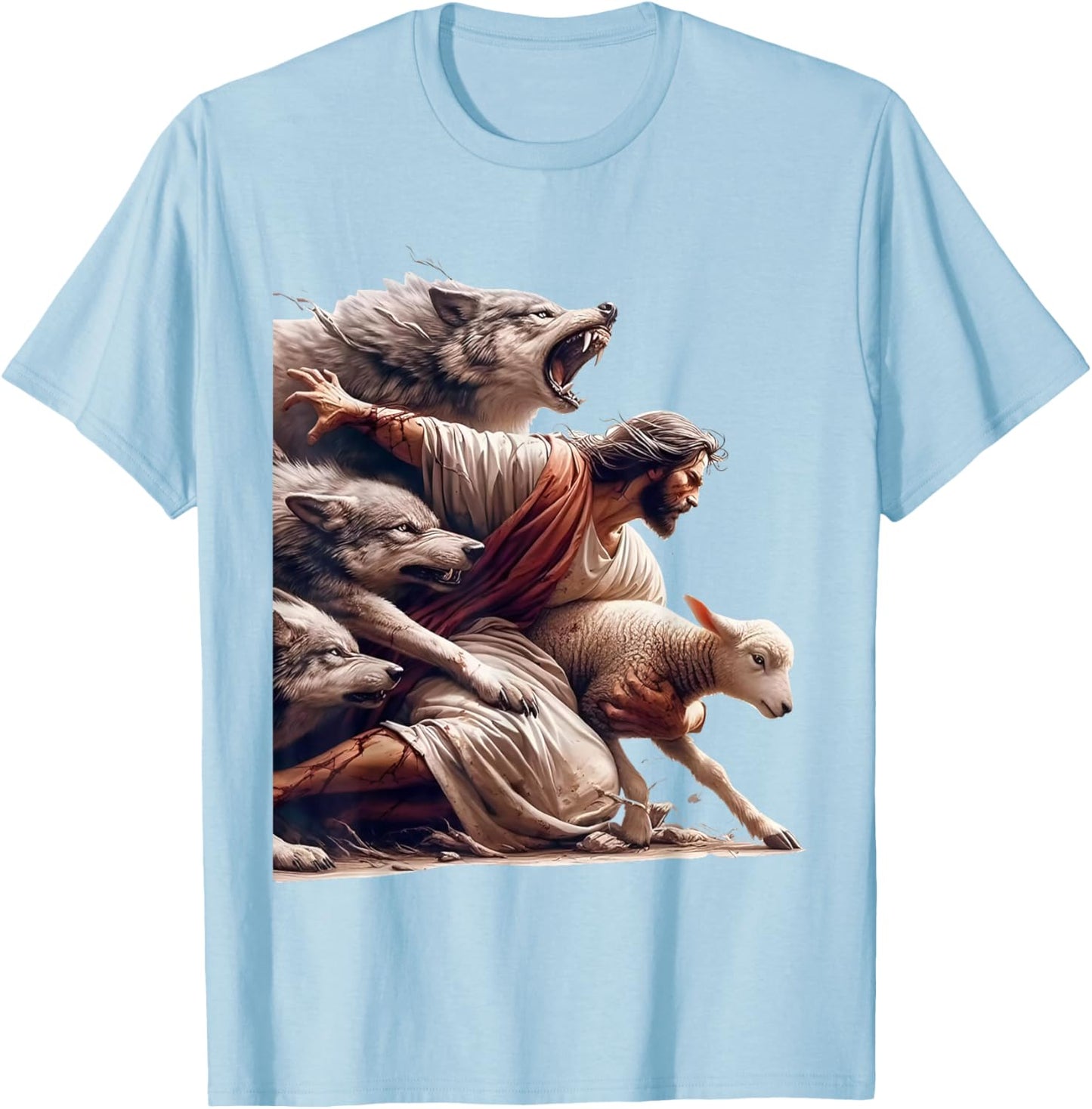 Jesus Protects The Lamb From Wolves - Christian God Jesus T-Shirt - T-Shirt | Light Blue