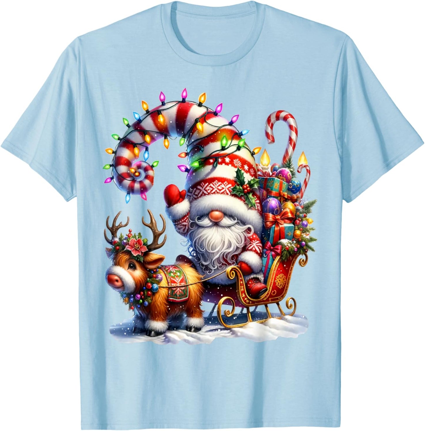 Christmas Light Gnome Santa Claus Riding Sleigh Highland Cow T-Shirt - T-Shirt | Light Blue