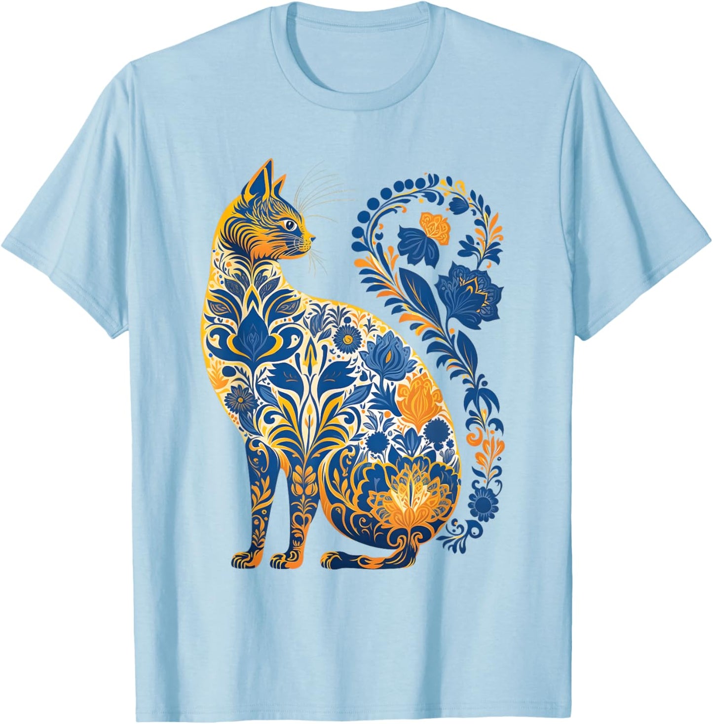 Ukraine Cat Floral Retro Ukrainian Flag & Vyshyvanka Style T-Shirt - T-Shirt | Light Blue