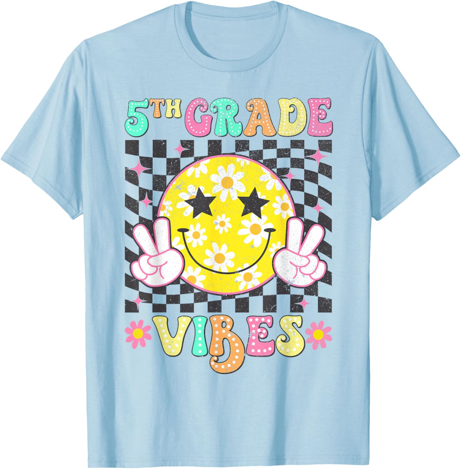 Girls 5th Grade Vibes Smile Face Back to School Fifth Grade T-Shirt - T-Shirt | Light Blue