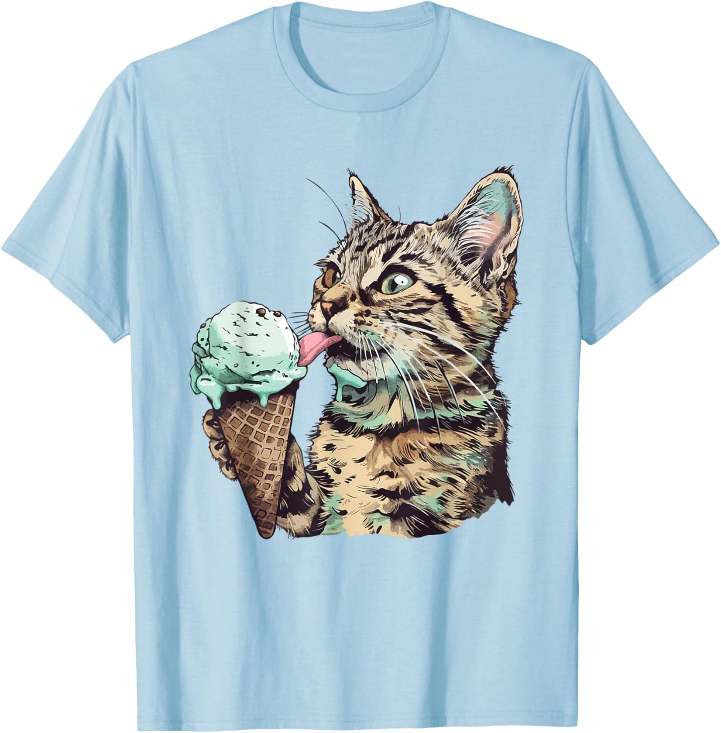 Funny Cat Eating Mint chocolate chip ice cream Cat Ice Cream T-Shirt - T-Shirt | Light Blue